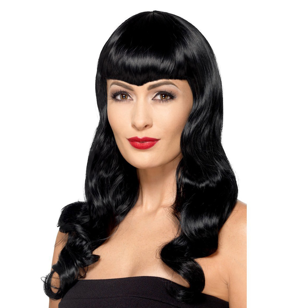 Peruca Neagra Deluxe Ondulata cu Breton, #1, Carnaval24