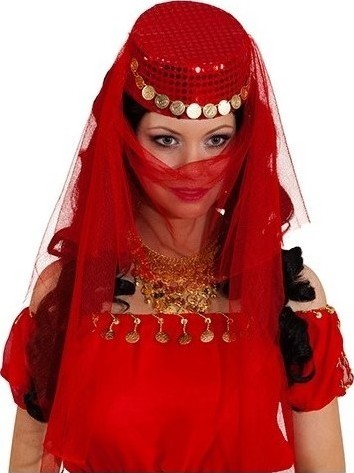Palarie Dansatoare Orientala cu voal, Rosu, #1, Carnaval24